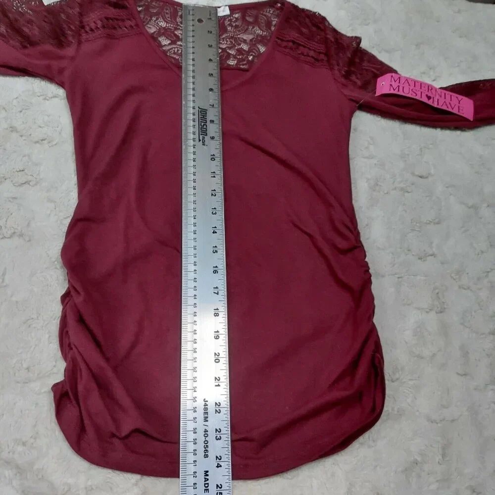New Ambiance Maternity Top Small V-Neck Ruched Maroon Lace-Detail Long Sleeve